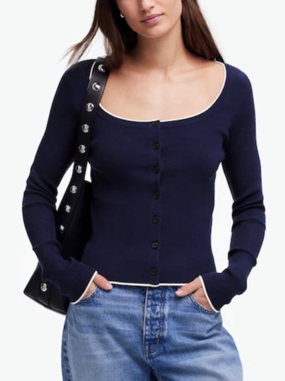 Madewell The Signature Navy Knit Scoop Neck Cardigan with White Trim NWT